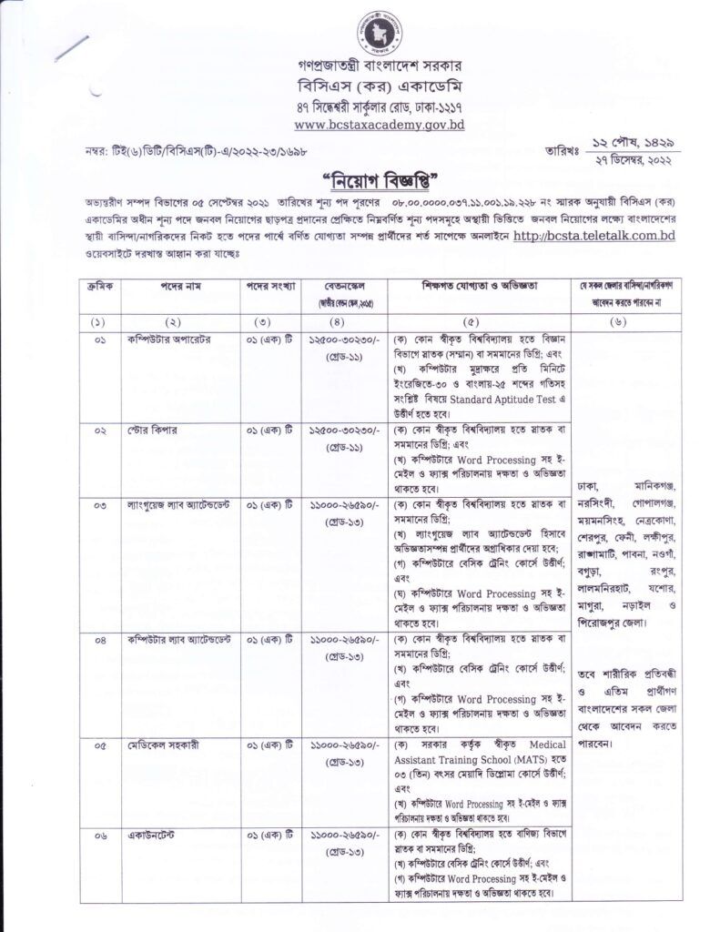 BCSTA Job Circular 2023