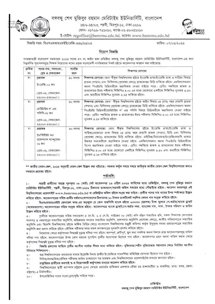 BSMRMU Job Circular 2023