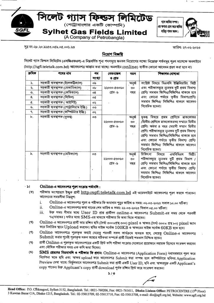 Sylhet Gas Fields Limited Job Circular 2023